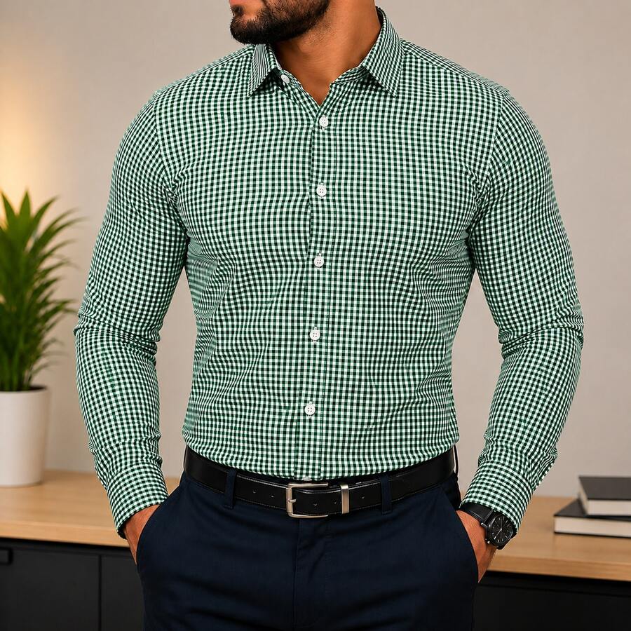 Camisa Masculina Xadrez Casual Confortável - Verde Escuro - Visão 1