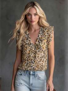 French Leopard Print V-Neck Ruffle Chiffon Blouse, Sleeveless Cinched Waist Slimming Casual Shirt For Commuting, Dating, Vacation, Elegant Summer - Orange - View 5