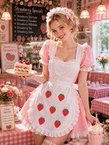 Cute Women's Long Strawberry Print Maid Apron With Shoulder Straps, Ruffle Lolita Kitchen Apron For Cooking, Baking, Housework And Cosplay - Multicolor - View 5
