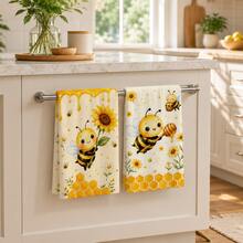 2/4pcs Bee Pattern Towels, Kitchen Dish Cloths, 6/8pcs Decorative Towel Set, Super Absorbent Microfiber, Machine Washable, Holiday Gift And Cleaning Supplies Decoration, Suitable For Holiday Cooking, Baking, Housewarming Gift And Cleaning Supplies, Fit For Kitchen, Bathroom, Toilet - Multicolor - View 2