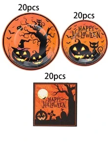 10pcs/20pcs/40pcs/60pcs Vintage Halloween Paper Tableware Set, Black Cat Ghost Tree 7/9 Inch Paper Plates 6.5 Inch Napkins, Orange & Black Halloween Party Supplies, Halloween Birthday Haunted House Theme Party Decoration Dinner Dessert Plates Napkins Set - Multicolor - View 8