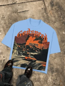 Holly Wood Hills Orange Sunset Distressed Skate Culture Tee, Oversized 180g Faded Cotton, Summer Sports Shirt For Men - 淺藍色 - 查看 14
