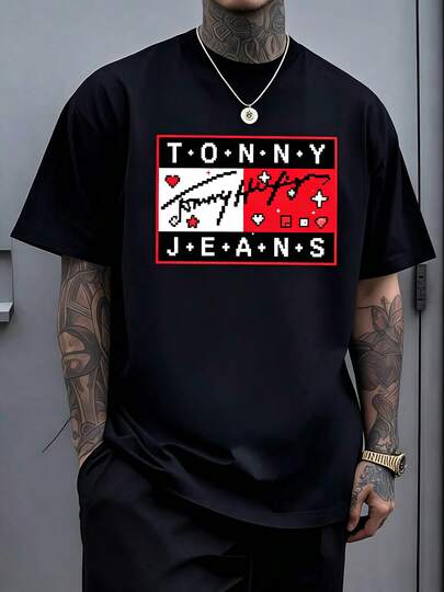 Camiseta gráfica rectangular vintage negra, blanca y roja, estilo urbano moderno, top casual para hombre