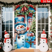 Cortina de puerta plana 2D de muñeco de nieve navideño, estilo acuarela con muñeco de nieve lindo con caja de regalo y árbol de Navidad, esquema de color rojo y azul, poliéster duradero, sin necesidad de energía, adecuado para decoración de fiesta de Navidad, se puede usar para decoración de pared, puerta y ventana interior y exterior, arreglo de ambiente festivo, hogar, centro comercial, estudio, escenas al aire libre, material de poliéster, sin necesidad de energía - A - Ver 5