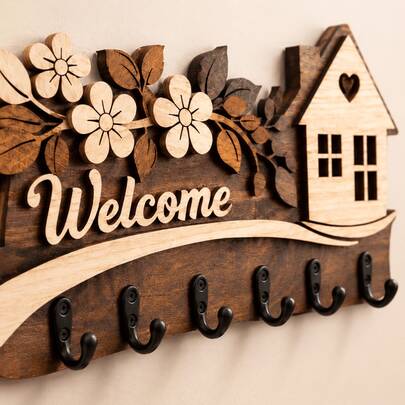 Farmhouse Style Wall-Mounted Multi-Layer Key Rack With Welcome Sign And Hooks, Wooden Key Holder For Entryway And Hallway Storage, Rustic Home Decor Sign For Keys And Mail