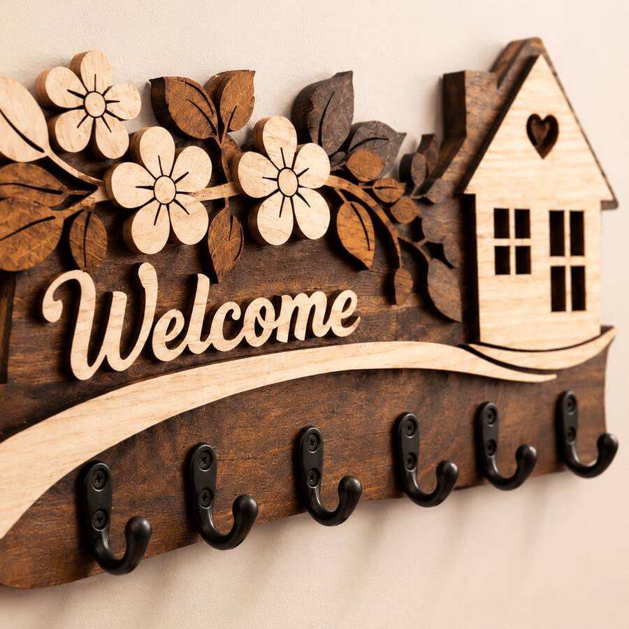 Farmhouse Style Wall-Mounted Multi-Layer Key Rack With Welcome Sign And Hooks, Wooden Key Holder For Entryway And Hallway Storage, Rustic Home Decor Sign For Keys And Mail - C - View 1