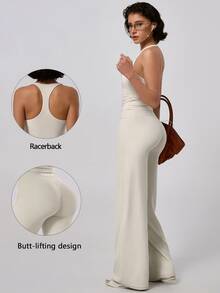 TimeOff Women's One Set Solid Color Racerback Detachable Padded Camisole & High Waist Wide Leg Pants Sports Set - Apricot - View 10