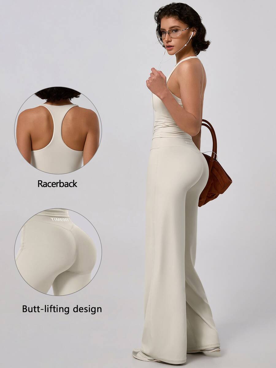 TimeOff Women's One Set Solid Color Racerback Detachable Padded Camisole & High Waist Wide Leg Pants Sports Set - Apricot - View 1