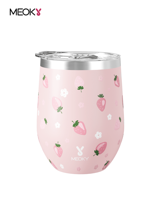 Meoky 12oz Pink Strawberry & Small Flower Printed Egg Shaped Stainless Steel Tumbler With Splash Proof Lid Household Portable Drink Cup