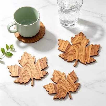 2D Flat, 3pcs Maple Leaf Shaped Wooden Coaster Set - Desktop Accessories Coasters, Non-Slip Heat-Resistant - Home And Restaurant Decor, Suitable For Drinks, Coffee, Tea, Perfect For Home, Office, Restaurant, Party, Holiday Gift, Kitchen Decoration