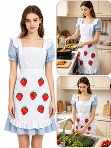 Cute Women's Long Strawberry Print Maid Apron With Shoulder Straps, Ruffle Lolita Kitchen Apron For Cooking, Baking, Housework And Cosplay - Multicolor - View 6