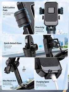 1 buah Dudukan Ponsel Sepeda Motor Universal, Kunci Sekali Klik/Penjepit Empat Sudut, Dudukan Ponsel Sepeda, Dapat Diputar 360° Anti Guncangan untuk Stang/Spion, Desain Pengisian Daya Terbuka, Braket GPS Bahan ABS, Cocok untuk Sepeda, Sepeda Listrik, Skuter, Smartphone 4.0-7.0 Inci, Hitam - A - View 11