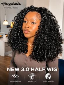 MEGALOOK 3-In-1 Burmese Curly Half Wig, Instant Wear No Glue Half Wig, 100% Human Hair, Drawstring Cap, Invisible Hairline, Beginner Friendly, High Density Seamless Blend, Summer Hairstyle, Beach Essential - SNatural - View 2