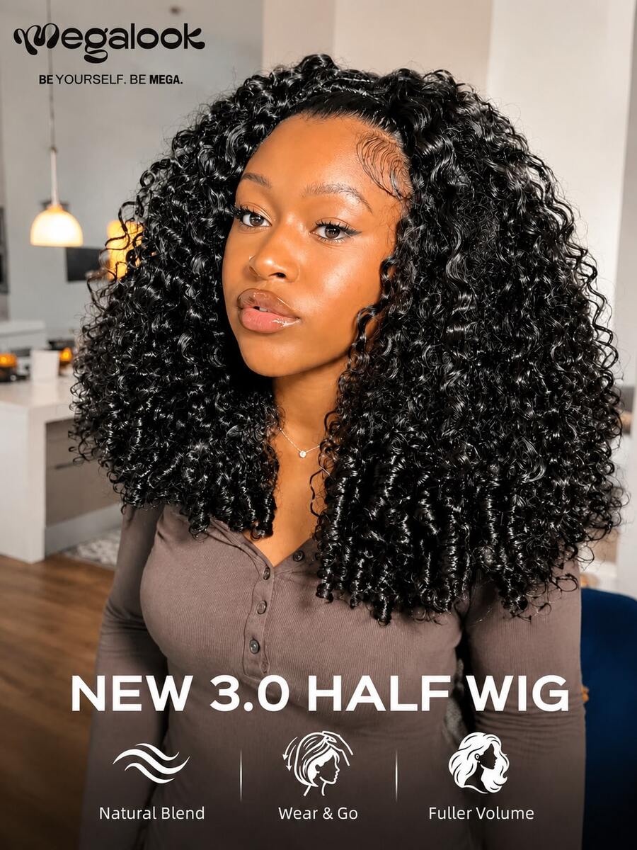 MEGALOOK 3-In-1 Burmese Curly Half Wig, Instant Wear No Glue Half Wig, 100% Human Hair, Drawstring Cap, Invisible Hairline, Beginner Friendly, High Density Seamless Blend, Summer Hairstyle, Beach Essential