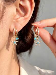 1 Pair Fresh Blue Turquoise Full Rhinestone Starfish Double Pendant Thin Hoop Earrings Suitable For Women Beach Vacation Wear - Starfish - View 3