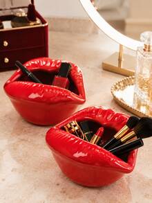 Glossy Red Lips Makeup Organizer, Vanity Storage Bowl For Brushes, Lipsticks, Mascara, Compacts And Beauty Tools; Creative Dressing Table Decor, Desktop Holder And Stylish Unique Gift For Makeup Lovers. - Classic - View 5