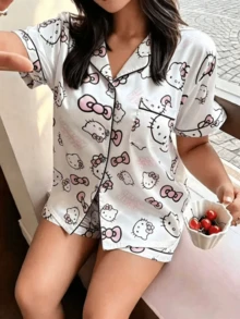 SANRIO Plus Size Silk Pajama Set, Short Sleeve Button Front Lapel Bow Cartoon Pocket Contrast Trim Loungewear - White - View 6