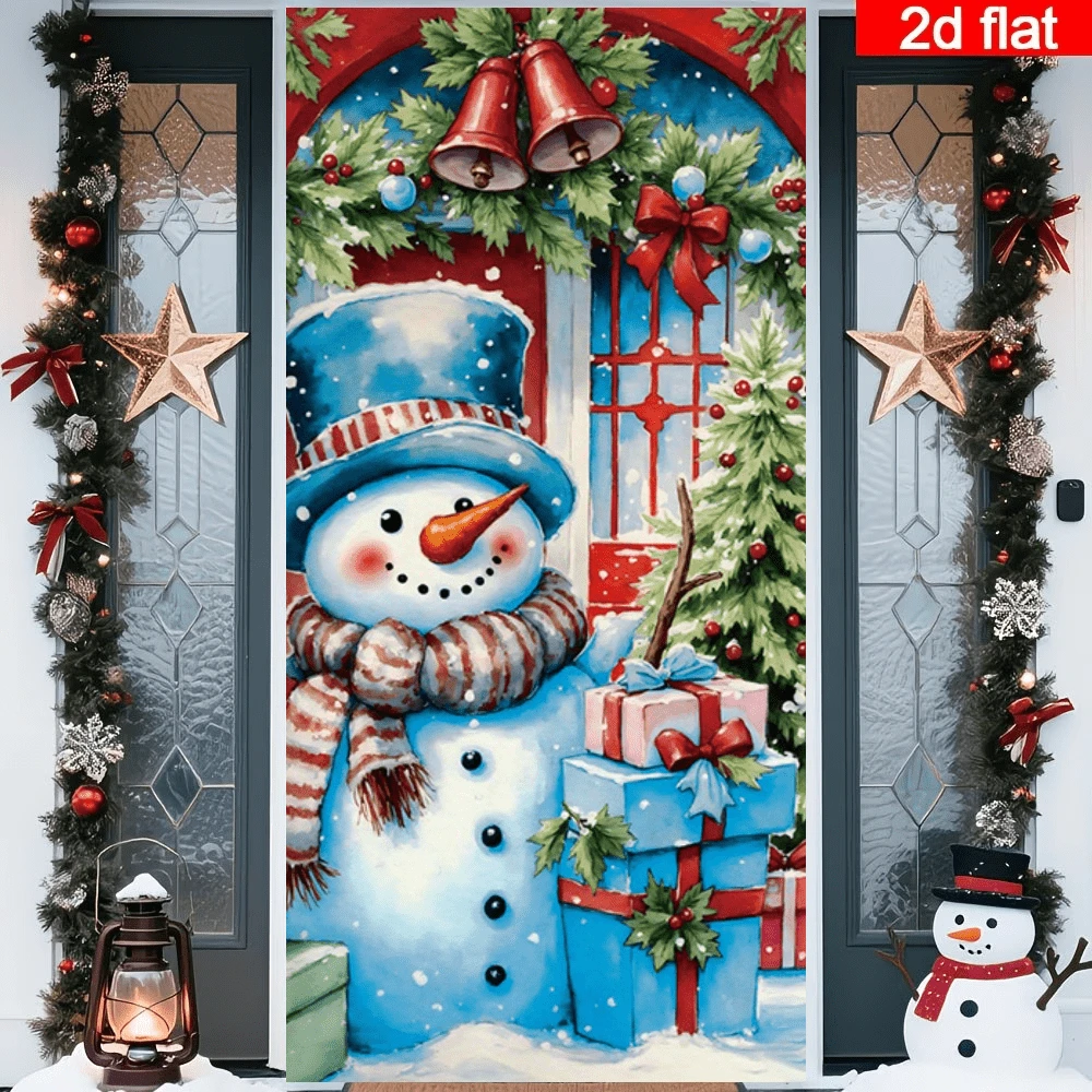 Cortina de puerta plana 2D de muñeco de nieve navideño, estilo acuarela con muñeco de nieve lindo con caja de regalo y árbol de Navidad, esquema de color rojo y azul, poliéster duradero, sin necesidad de energía, adecuado para decoración de fiesta de Navidad, se puede usar para decoración de pared, puerta y ventana interior y exterior, arreglo de ambiente festivo, hogar, centro comercial, estudio, escenas al aire libre, material de poliéster, sin necesidad de energía