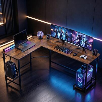 Scrivania da gaming a forma di L con piano in legno nero, struttura in metallo stabile, supporto per PC e ganci per borse, ampia superficie di lavoro per doppio monitor, ideale per gaming e home office, facile montaggio