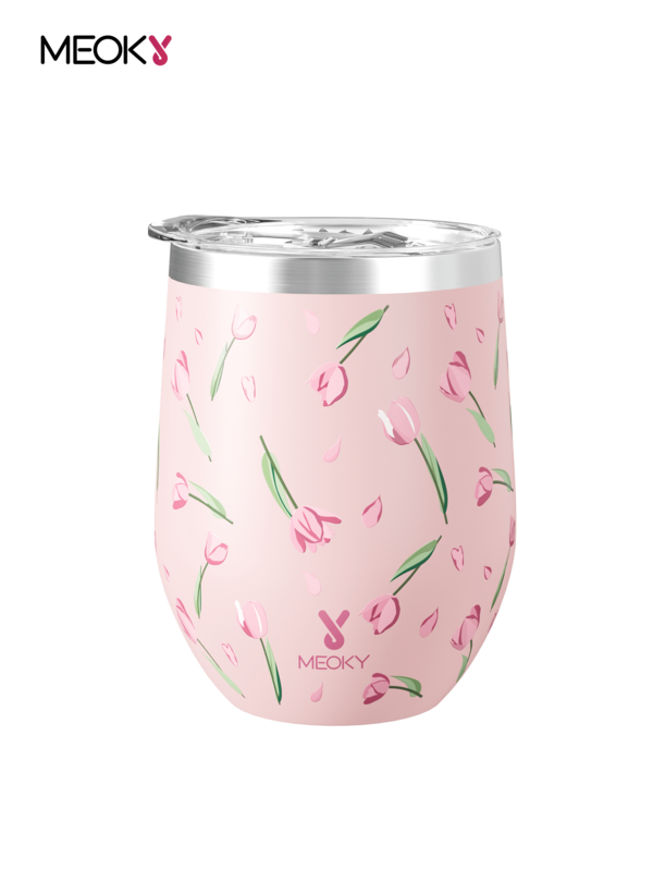 Meoky 12oz Pink Tulip Floral Printed Egg Shaped Stainless Steel Tumbler With Splash Proof Lid Portable Daily Drink Cup