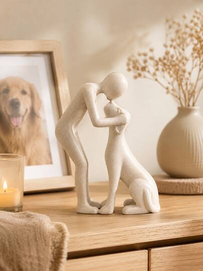 1pc Modern Abstract Human & Dog Sculpture, Minimalist Pet Lover Figurine For Living Room, Bedroom, Office Desk, Entryway, Shelf Or Coffee Table, Heartwarming Dog Owner Memorial Decor, Unique Housewarming, Birthday, Christmas & Animal Lover Gift