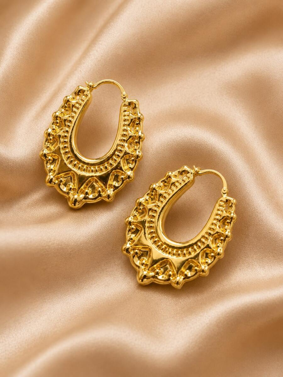 1 Pair Women's Earrings, Vintage Luxury Hoop Earrings With Floral Pattern, High-End Design, Fashionable Ear Clips, Versatile Commuter Earrings - Earrings - View 1
