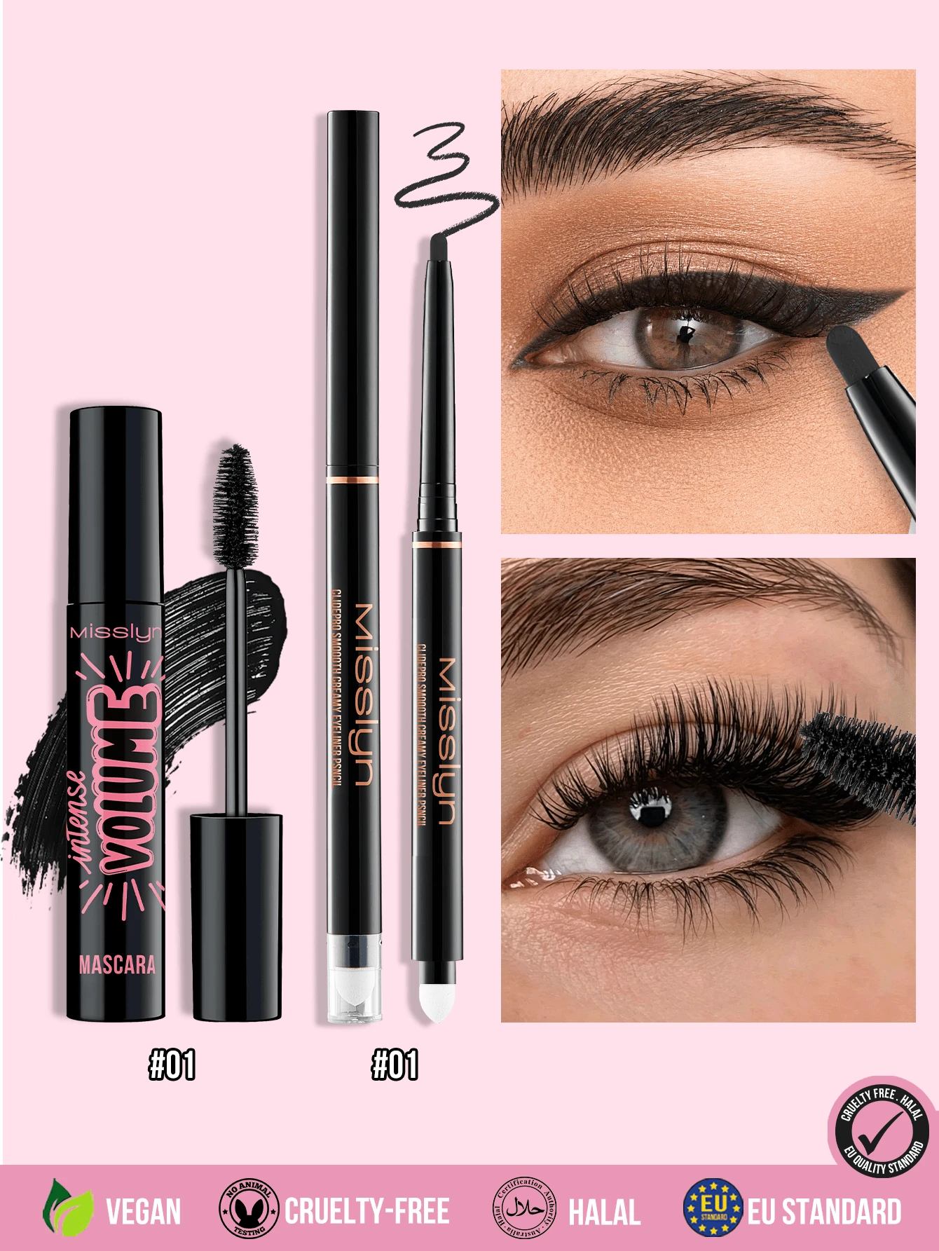 MISSLYN-1pc Black Volumizing Mascara & Cream Eyeliner Set, High Pigment Smooth Cream Texture, No Clumping, Volumizing & Shaping Effect, Long-Lasting Color, Define Lashes, Brand Cosmetics, Suitable For Women And Girls, Back To School Gift, Daily Eye Makeup, Matte - #01 - View 1