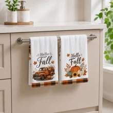 2pcs Set, Truck And Pumpkin Plaid Design Style Hand Towels, Ultra-Fine Microfiber Absorbent Towels, Suitable For Bathroom Cleaning, Home Cooking, Baking, Outdoor Activities, Tea Party Decoration And Home Use - Multicolor - View 9