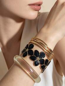 3pcs Vintage Vibrant Enamel Floral Stainless Steel Gold Elegant Floral Bracelet Set, High Street Fashion Resin Translucent Bright Summer Mix & Match Jewelry, Elegant Enamel Open Bangle Bold Aesthetic Accessory Stackable - Flower Set - View 6
