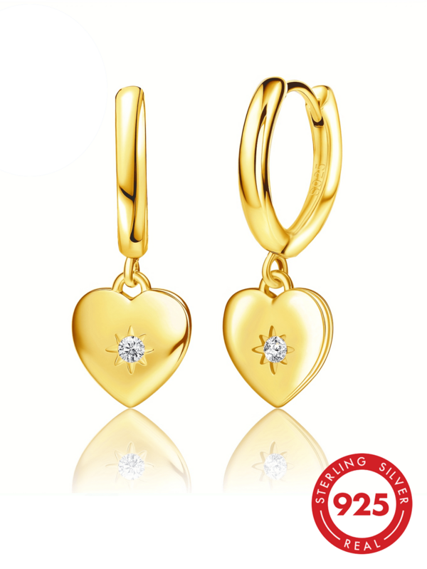 Pendientes de mujer de plata de ley S925, pendientes con colgante de corazón minimalista y delicado, de moda y elegantes, con incrustaciones de circonita sintética brillante, adecuados para uso diario, regalo de joyería exquisita para mujer, con embalaje antioxidante