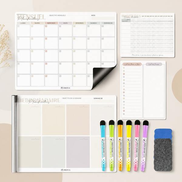 BIROYAL Set de 4 Tableaux Magnétiques pour Frigo – Planning Hebdomadaire, Calendrier Mensuel, Organisation de Tâches & Suivi d'Habitudes – Planificateur Familial Magnétique