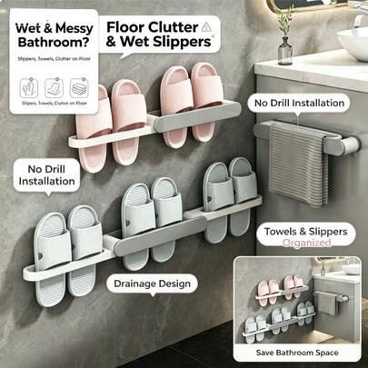 1 pièce Étagère de rangement murale pour salle de bain, support pour pantoufles sans perçage, organisateur de chaussures, barre porte-serviette de toilette, étagère de drainage