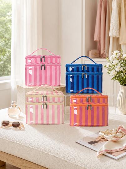 Striped Double Layer Makeup Bag, Portable Large Capacity Toiletry Storage Bag With Handle, Suitable For Travel, Cosmetics Storage And Daily Bathroom Use