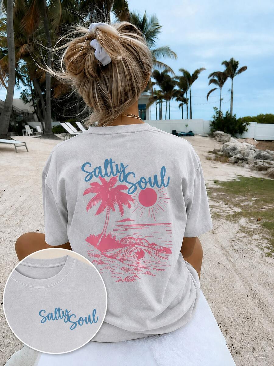 Women's Gray Salty Soul Palm Tree Graphic T-Shirt, Oversized Short Sleeve Tee, Vacation Outfits Women, Back To School Clothes, Fall Casual Top - 灰色 - 查看 1