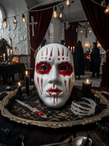 Halloween Scary Full Face Mask, Cosplay Horror Ghost Face Prop, Red & White Blood Tears Makeup Party Accessory, Spooky Skull Terrifying Costume - One Size Fits All - View 3