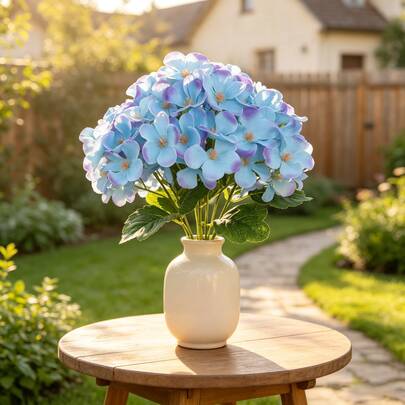 2/4Pcs Gradient Blue Purple Artificial Hydrangea Stem, Realistic Silk Faux Hydrangea Flower With Leaves, Fake Flower Arrangement For Window Sill Vase, Farmhouse Indoor Decor, Wedding Bouquet, Outdoor Courtyard Floral Display