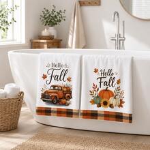 2pcs Set, Truck And Pumpkin Plaid Design Style Hand Towels, Ultra-Fine Microfiber Absorbent Towels, Suitable For Bathroom Cleaning, Home Cooking, Baking, Outdoor Activities, Tea Party Decoration And Home Use - Multicolor - View 2
