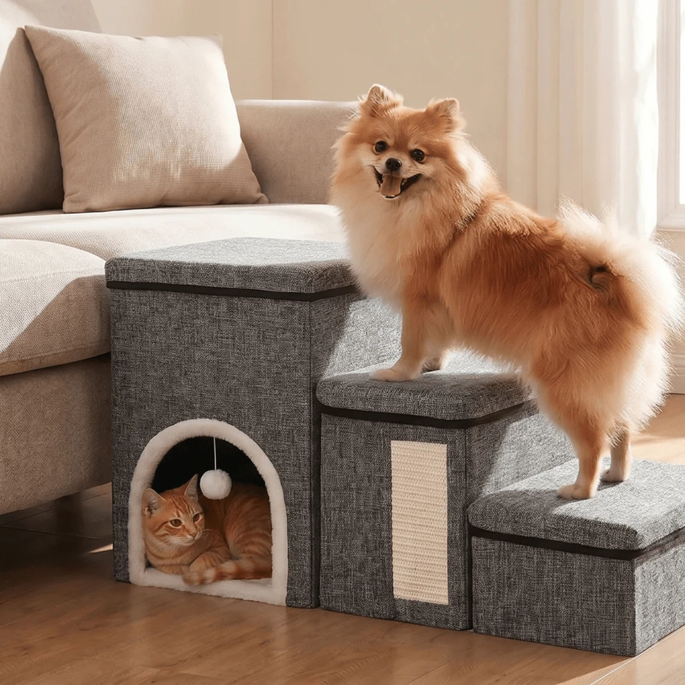 Grey Foldable 3-Step Pet Stairs With Storage Boxes & Cat Condo, 4 In 1 Non-Slip Pet Ramp Steps With Sisal Scratch Panel For Small Dogs Cats To Access Sofa Bed - Multicolor - View 1