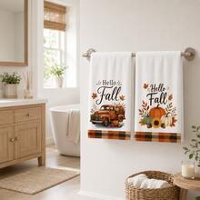 2pcs Set, Truck And Pumpkin Plaid Design Style Hand Towels, Ultra-Fine Microfiber Absorbent Towels, Suitable For Bathroom Cleaning, Home Cooking, Baking, Outdoor Activities, Tea Party Decoration And Home Use - Multicolor - View 1