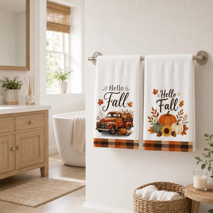 2pcs Set, Truck And Pumpkin Plaid Design Style Hand Towels, Ultra-Fine Microfiber Absorbent Towels, Suitable For Bathroom Cleaning, Home Cooking, Baking, Outdoor Activities, Tea Party Decoration And Home Use - Multicolor - View 1