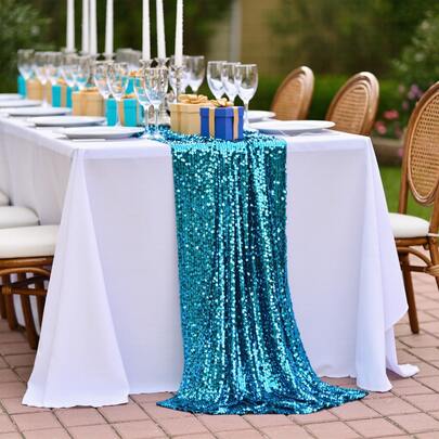 1pc Light Blue Sequin Table Runner, Covered With Light Blue Round Sequins, Rectangular Sequin Table Runner, Suitable For Wedding Banquets, Birthday Parties, Home Decor, Restaurants And Other Occasions, Ideal For Christmas, Halloween, Ramadan, Diwali And Other Holiday Gatherings Table Decoration