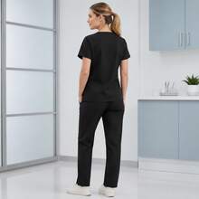 Women's Scrubs Set V-Neck Top And Cargo Pants 2 Piece Set Multi-Pocket Nursing Uniform For Dentist Vet Doctor Black - Black - View 2