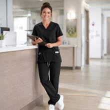 Women's Scrubs Set V-Neck Top And Cargo Pants 2 Piece Set Multi-Pocket Nursing Uniform For Dentist Vet Doctor Black - Black - View 3