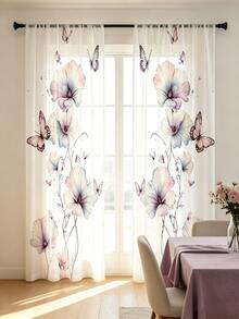 2pcs Digital Printed Sheer Curtains, Watercolor Floral & Butterfly Pattern, Romantic Wedding Style, Suitable For Kitchen, Dining Room, Living Room Decor - Multicolor - View 1