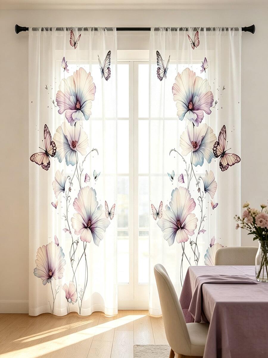 2pcs Digital Printed Sheer Curtains, Watercolor Floral & Butterfly Pattern, Romantic Wedding Style, Suitable For Kitchen, Dining Room, Living Room Decor - Multicolor - View 1