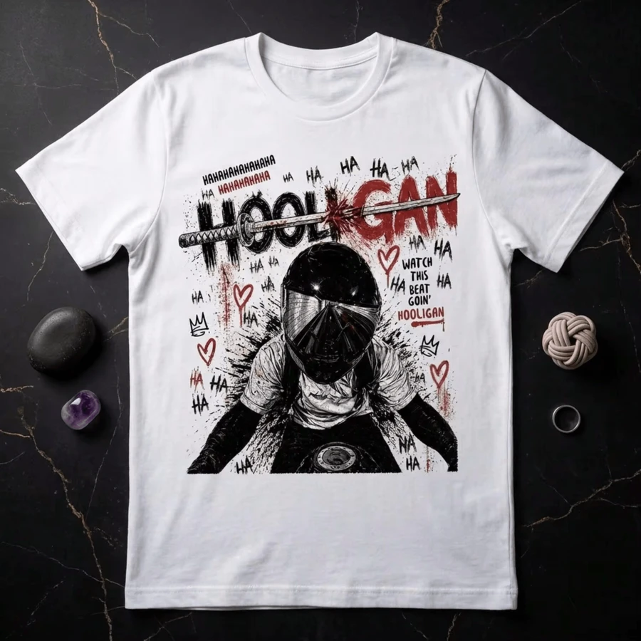 Hooligan Graphic T-Shirt Printed With Motorcycle Rider Sword And Ha Ha Slogan, Soft Pure Cotton Crew Neck Unisex Oversized Summer Casual Topsommer - 白色 - 查看 1