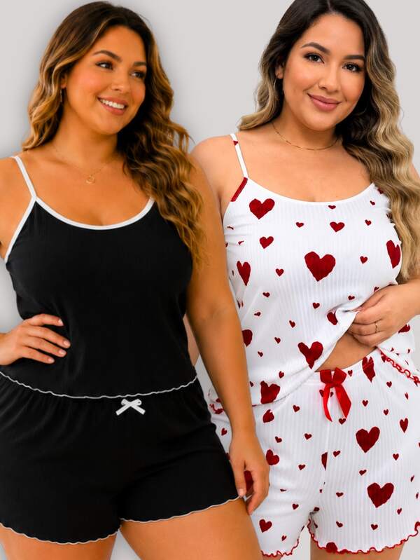 Kit 2 Pijama Plus Size Feminino Baby Doll Coração Verão Conjunto G1 G2 G3 Conjunto de Dormir Regata solta e short Curto