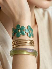 3pcs Vintage Vibrant Enamel Floral Stainless Steel Gold Elegant Floral Bracelet Set, High Street Fashion Resin Translucent Bright Summer Mix & Match Jewelry, Elegant Enamel Open Bangle Bold Aesthetic Accessory Stackable - Flower Set - View 3