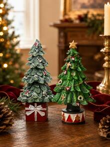 Mini Resin Christmas Tree Ornament, Vintage Christmas Desktop Decor, Hand-Painted Christmas Tree Figurine, Fireplace Mantel Bookshelf Fireplace Living Room Office Desktop Small Holiday Decoration, Holiday Home Decor Gift - 1PC - View 2