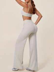 TimeOff Women's One Set Solid Color Spaghetti Strap Backless Bra High Waist Tummy Control Wide Leg Pants Sports Set - Apricot - View 8